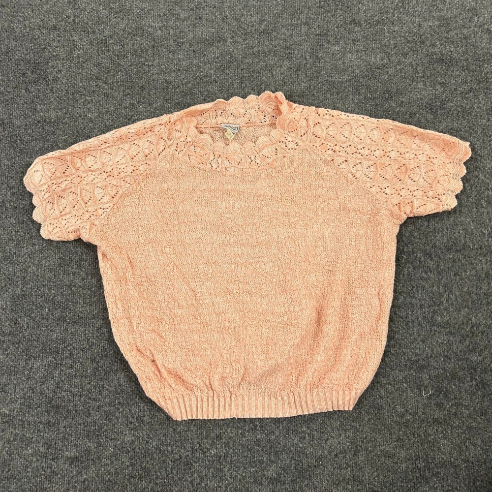 Haband Sweater Womens Size L Pink Short Sleeve Pointelle Crochet Scalloped Neck